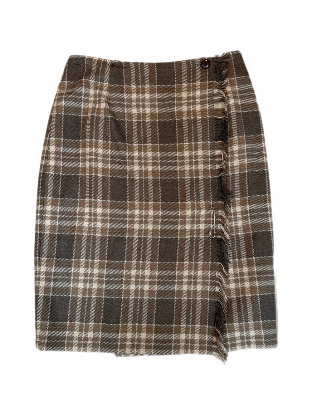 Vintage 90s Charter Club 100% Wool Neutral Plaid Wrap Skirt Fringe Size 16
